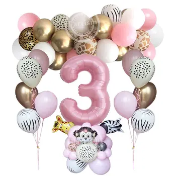 1 КОМПЛЕКТ для вечеринки в стиле диких животных для девочек, башня из воздушных шаров с розовым номером, воздушный шар для Сафари в джунглях, украшения для Дня рождения в лесу
