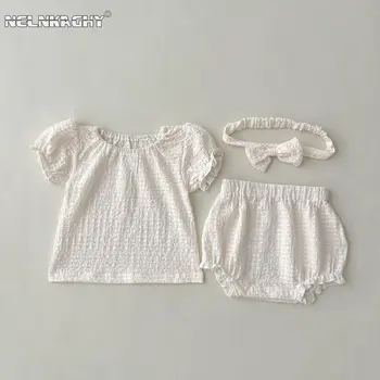 2023 новые дети новорожденных девочек летом с коротким рукавом сплошной цвет топ футболки+шорты+повязка для новорожденных малышей одежда набор 3шт