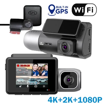 3-Канальная Видеорегистраторная камера, Встроенный WiFi GPS, 4K + 1080P Видеорегистратор спереди и внутри, 2K Сзади, 2 