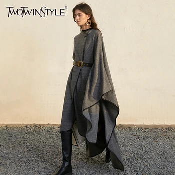 TWOTWINSTYLE, Свободная шерстяная куртка в стиле пэчворк для женщин, с круглым вырезом, рукавом 