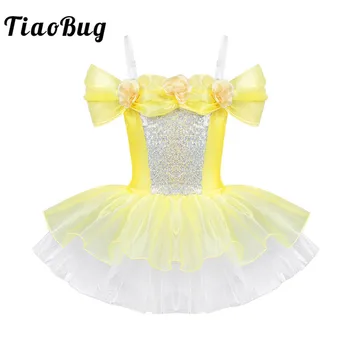TiaoBug/Балетное платье-пачка с открытыми плечами, блестящие пайетки и цветы для девочек, Гимнастический купальник, детский танцевальный костюм для выступлений на сцене
