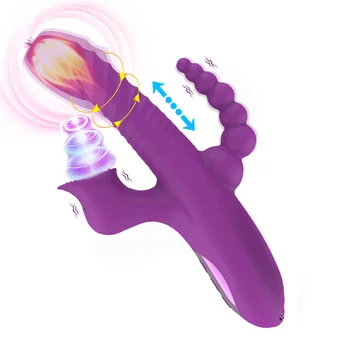 Анальный вибратор с тройной кривой, 5 В 1, Растягивающий, Сосущий, Нагревающий Фаллоимитатор, Секс-игрушка для взрослых, Стимуляция ануса и клитора Для гей-пары, Фиолетовый