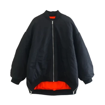 Весенне-осенняя женская куртка-авиатор черно-оранжевого цвета с контрастной подкладкой, длинным рукавом, карманом на молнии, модный уличный стиль