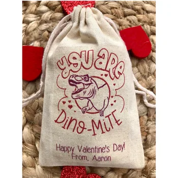 Детская сумка для вечеринки в честь Дня Святого Валентина, персонализированная хлопковая сумка для вечеринки с динозаврами, сумка для угощений, сумка для приветствия Святого Валентина, сумка на шнурке на день рождения