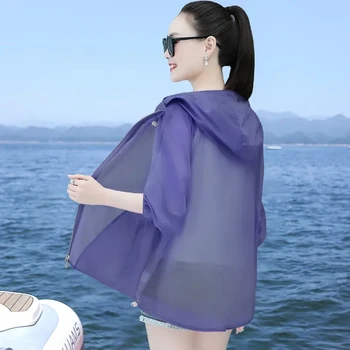 Женская солнцезащитная куртка 2023, Новая Летняя мода, Женская Свободная Тонкая Короткая Ветровка С капюшоном, Женская солнцезащитная одежда