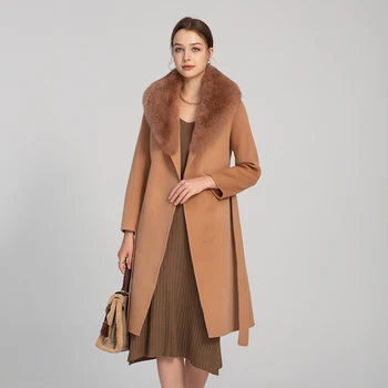 Женское модное Шерстяное пальто, осенне-зимний тренч, воротник из лисьего меха, Длинная шерстяная куртка с поясом S3608