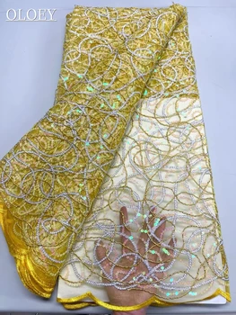 Классическая модная французская сетчатая ткань с вышивкой, Африканская нигерийская кружевная ткань с пайетками для свадебного платья