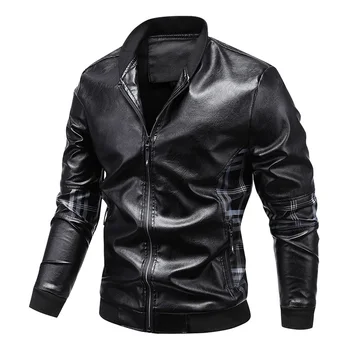 Мужская Повседневная винтажная кожаная куртка, приталенное пальто, куртка из искусственной кожи с карманом для мотобайкера, Мужская теплая куртка на молнии, повседневное мужское пальто с воротником-стойкой