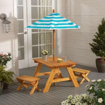 Набор деревянных столов и скамеек для улицы, зонт в полоску, бирюзовый и белый