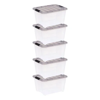 Прозрачный пластиковый ящик для хранения Stack & Pull ™ емкостью 32 литра с пряжками, серый, набор из 5