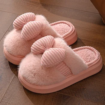 Семейные тапочки для женщин, зимняя плюшевая удобная теплая домашняя хлопчатобумажная женская обувь, Слайды, Льняные тапочки с милым бантом, женские Розовые