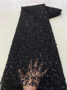 Черная Африканская Кружевная ткань с тяжелыми пайетками ручной работы Embriodery 2023, Французский Тюль с бисером, Кружевная ткань Для женских Вечерних платьев