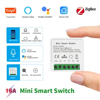 16A Mini Tuya Zigbee 3.0 Smart Life Switch 2-полосное Дистанционное Голосовое Управление Модуль Умного домашнего Переключателя Таймер С Alexa Google Home