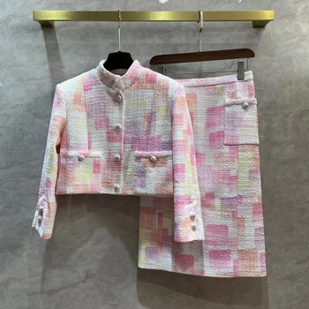 Весенние Брендовые новые дизайнерские Твидовые куртки C204 в розовую клетку со стоячим воротником, женские куртки высокого качества во французском стиле 2023, C204