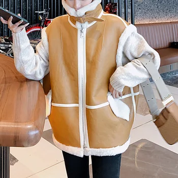 Женские куртки из искусственной кожи в корейском стиле, Модная одежда на зимнем меху, Свободный жилет цвета Тыквы