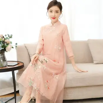 Женское платье в китайском стиле со свободным стоячим воротником, Улучшенная вышивка, Чайное искусство Чонсам, ретро-платье, Элегантное шифоновое платье Чонсам