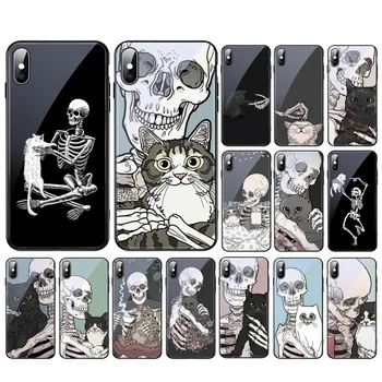 Мультяшный Скелет, Череп Кошки, Художественный стеклянный чехол для телефона Samsung Galaxy S23 S22 S21 S20 Ultra S20 S22 S21 S20FE A52 A33 A13 A32