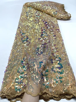 Новейшая роскошная Элегантная Вышивка Тяжелыми бусинами с жемчужным кружевом Африканская сетка Кружевная ткань с пайетками Для свадебной вечеринки Длинное платье