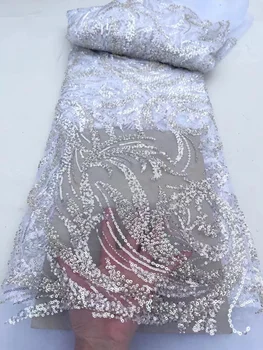 Новый Дизайн Африканская Кружевная ткань с бисером Роскошные Бусины Кружевная вышивка Французский Нигерийский Тюль Кружевная ткань для Свадебного Шитья QF0296